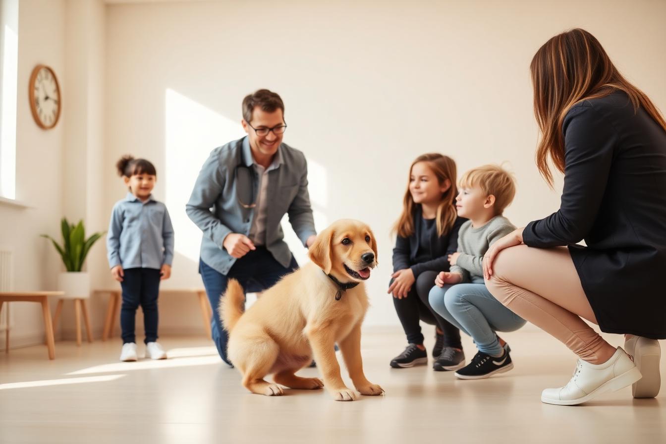Een hondentrainer begeleidt een gezin met kinderen en een pup in een lichte studio